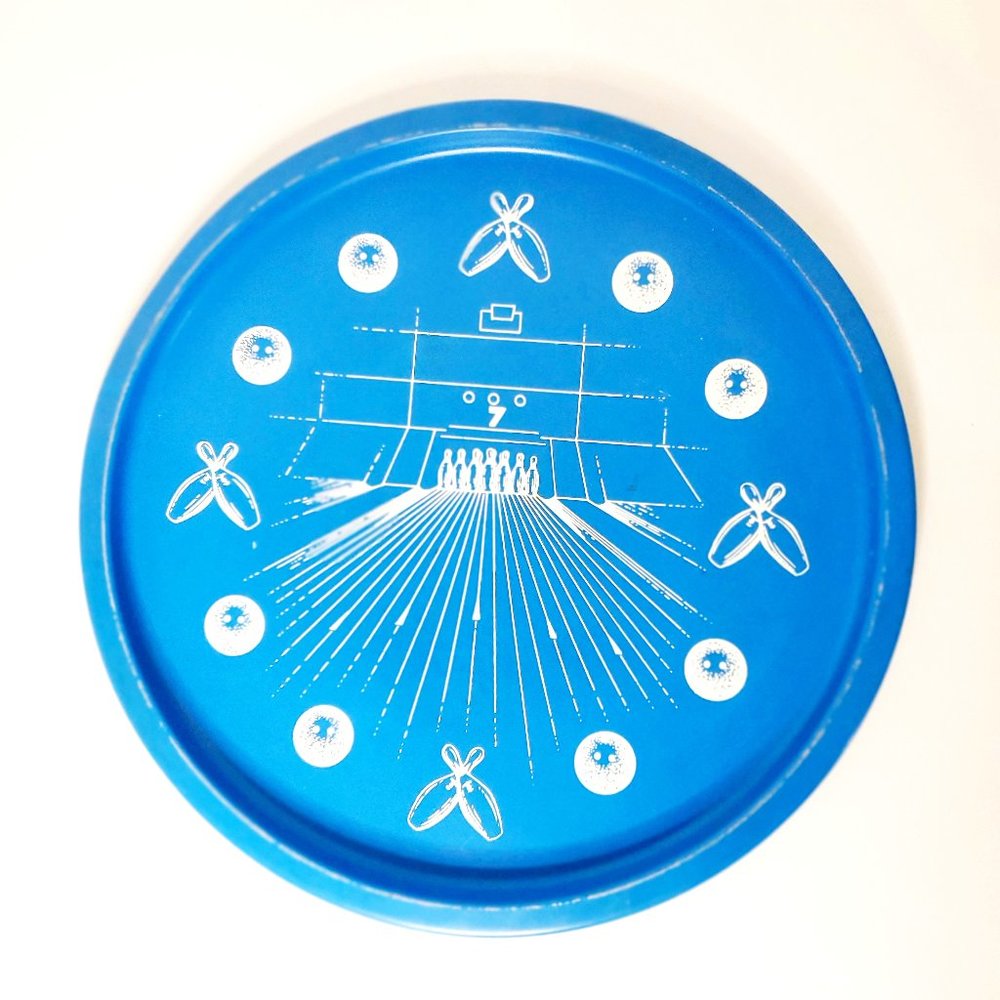 Vintage Blue and White Bowling Alley Tin Serving Tray